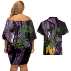 Purple New Zealand Kowhai And Piwakawaka Couples Matching Off Shoulder Short Dress and Hawaiian Shirt Maori Ngaru Paua Shell