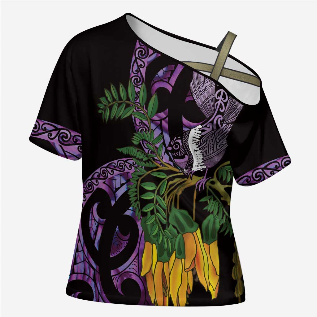 Purple New Zealand Kowhai And Piwakawaka Cross Shoulder Shirt Maori Ngaru Paua Shell - Aussie Hoodie