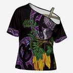 Purple New Zealand Kowhai And Piwakawaka Cross Shoulder Shirt Maori Ngaru Paua Shell - Aussie Hoodie