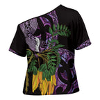 Purple New Zealand Kowhai And Piwakawaka Cross Shoulder Shirt Maori Ngaru Paua Shell - Aussie Hoodie