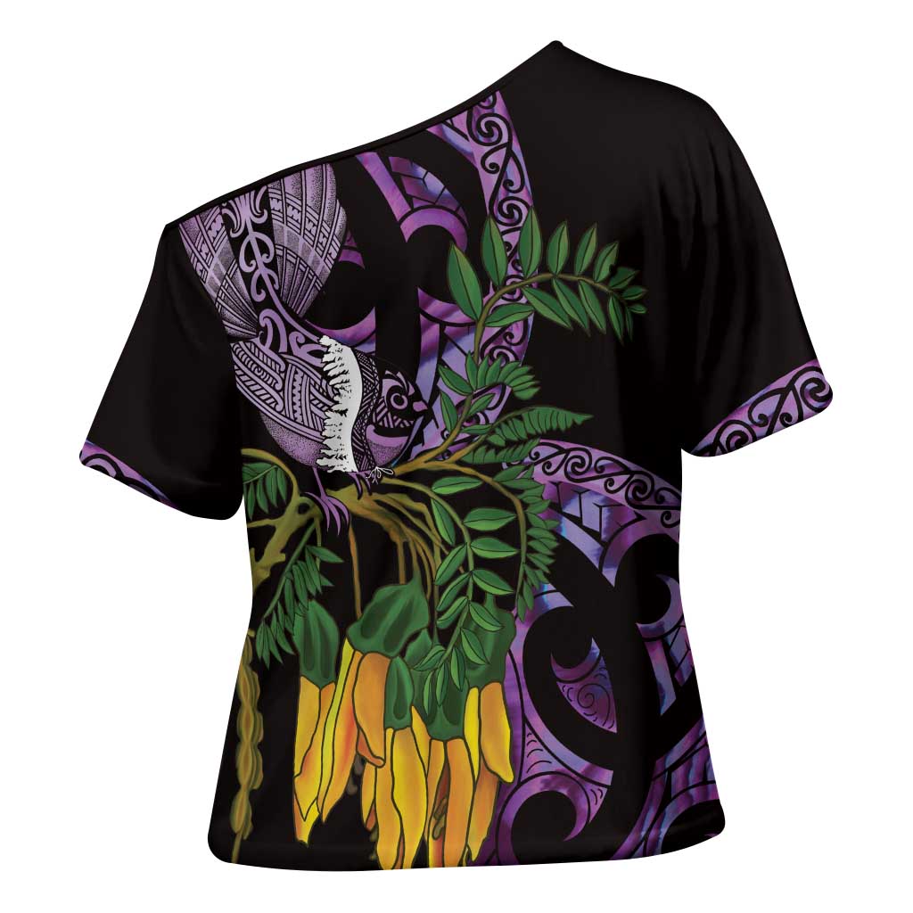 Purple New Zealand Kowhai And Piwakawaka Cross Shoulder Shirt Maori Ngaru Paua Shell - Aussie Hoodie