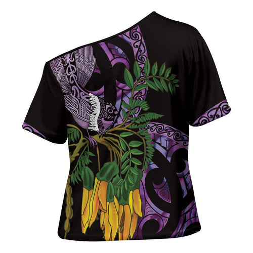 Purple New Zealand Kowhai And Piwakawaka Cross Shoulder Shirt Maori Ngaru Paua Shell - Aussie Hoodie