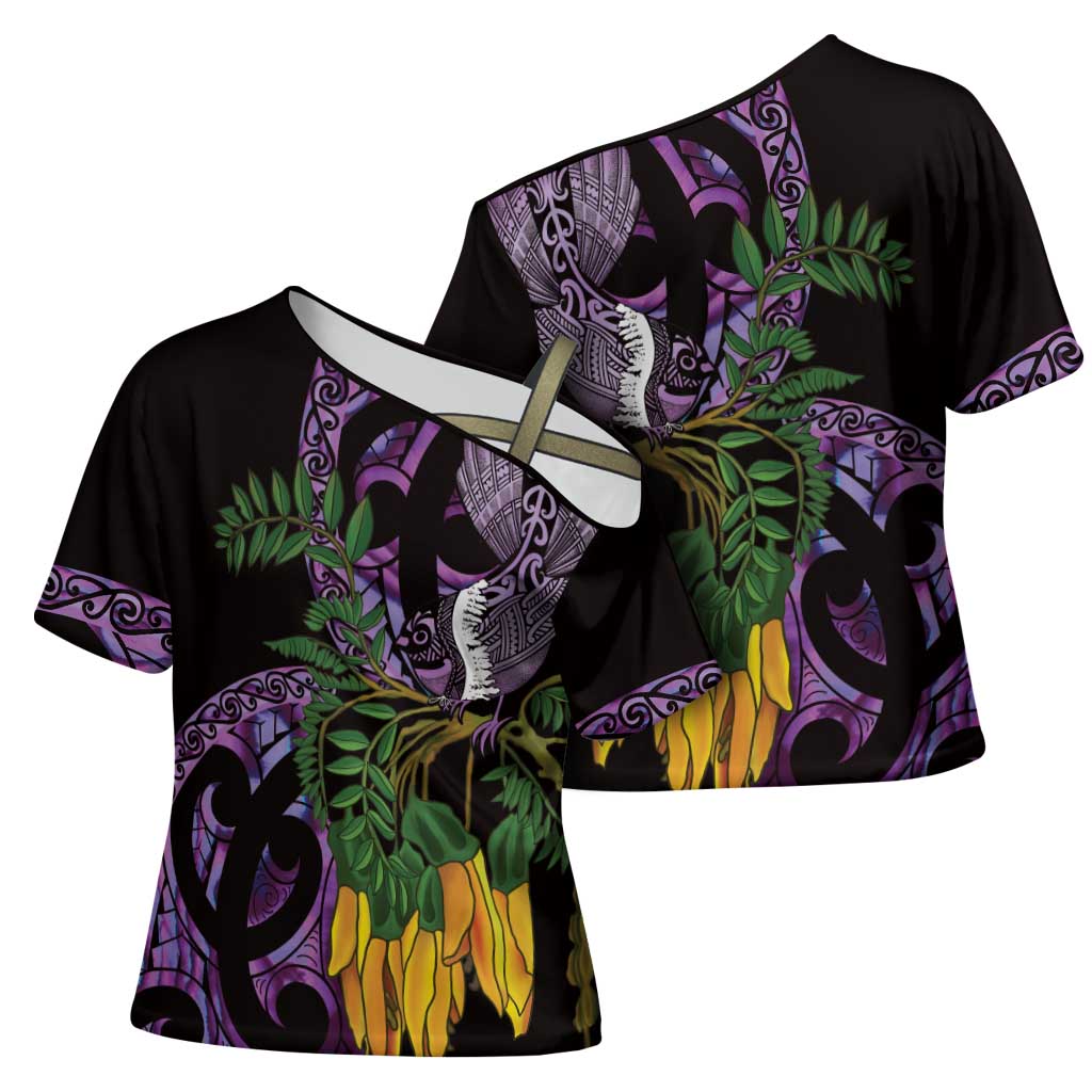 Purple New Zealand Kowhai And Piwakawaka Cross Shoulder Shirt Maori Ngaru Paua Shell - Aussie Hoodie