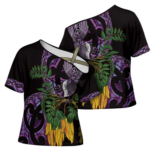 Purple New Zealand Kowhai And Piwakawaka Cross Shoulder Shirt Maori Ngaru Paua Shell - Aussie Hoodie