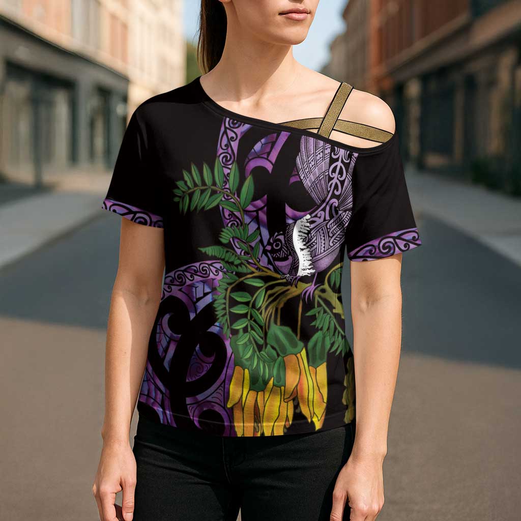 Purple New Zealand Kowhai And Piwakawaka Cross Shoulder Shirt Maori Ngaru Paua Shell - Aussie Hoodie