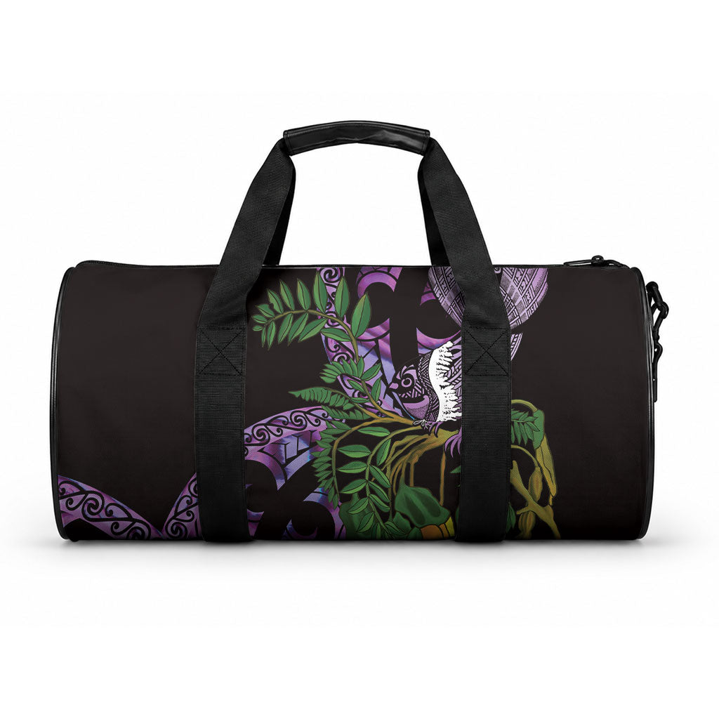 Purple New Zealand Kowhai And Piwakawaka Duffle Bag Maori Ngaru Paua Shell