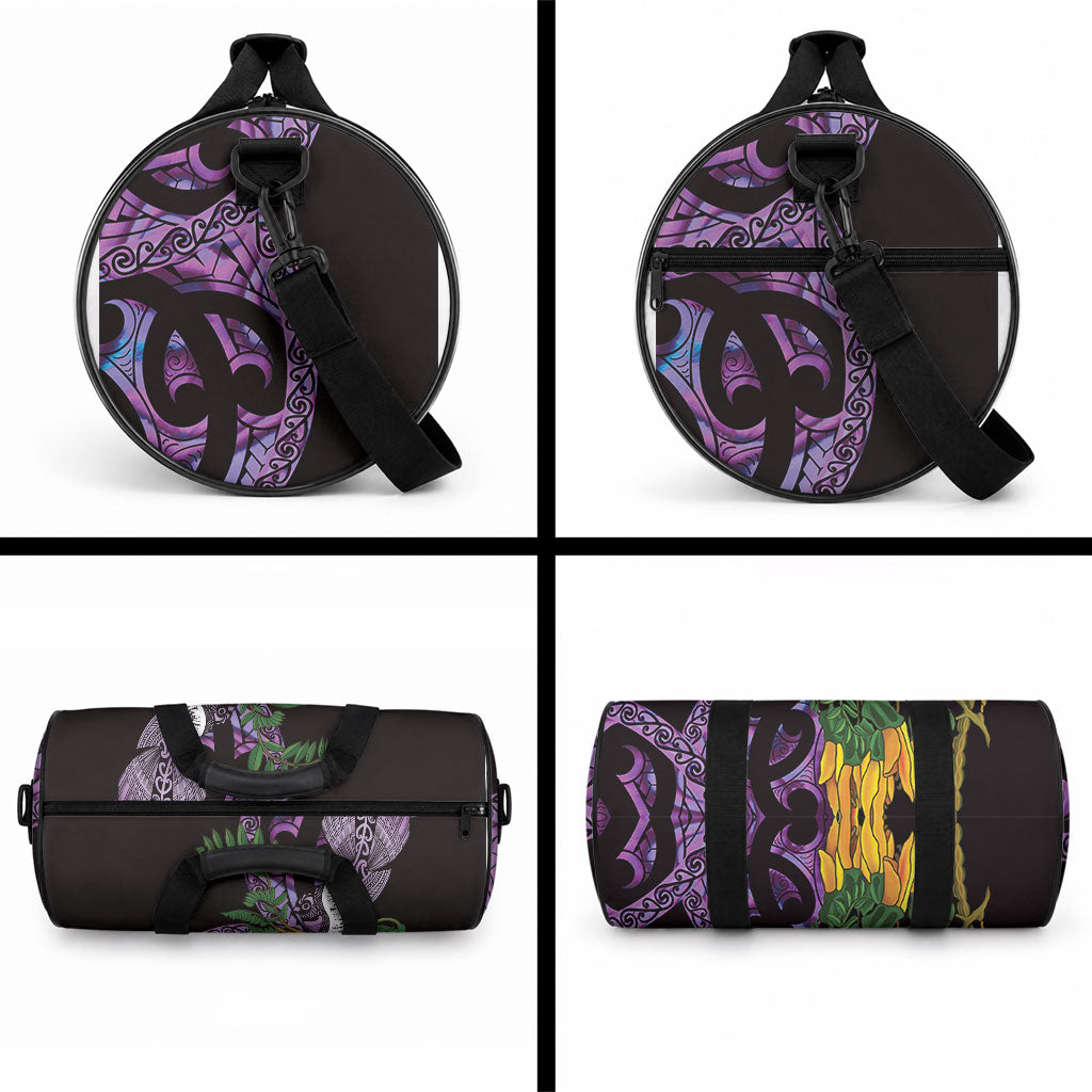 Purple New Zealand Kowhai And Piwakawaka Duffle Bag Maori Ngaru Paua Shell