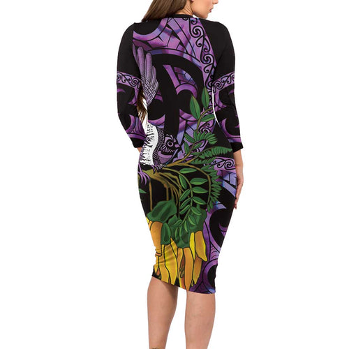 Purple New Zealand Kowhai And Piwakawaka Family Matching Long Sleeve Bodycon Dress and Hawaiian Shirt Maori Ngaru Paua Shell