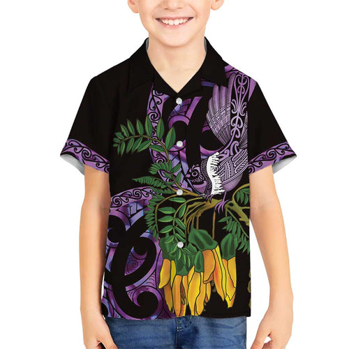Purple New Zealand Kowhai And Piwakawaka Family Matching Long Sleeve Bodycon Dress and Hawaiian Shirt Maori Ngaru Paua Shell