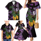 Purple New Zealand Kowhai And Piwakawaka Family Matching Mermaid Dress and Hawaiian Shirt Maori Ngaru Paua Shell