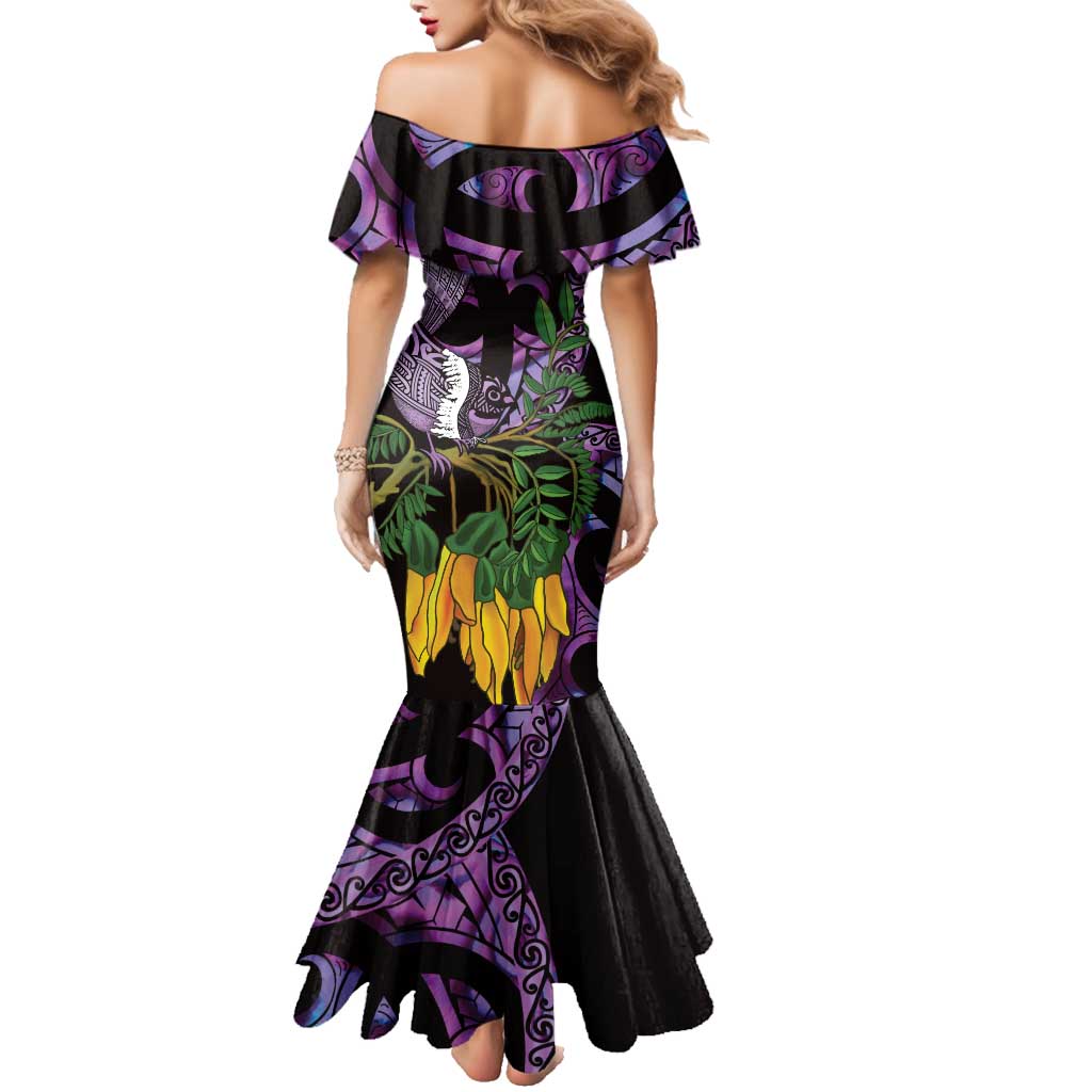 Purple New Zealand Kowhai And Piwakawaka Family Matching Mermaid Dress and Hawaiian Shirt Maori Ngaru Paua Shell