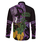 Purple New Zealand Kowhai And Piwakawaka Family Matching Off The Shoulder Long Sleeve Dress and Hawaiian Shirt Maori Ngaru Paua Shell
