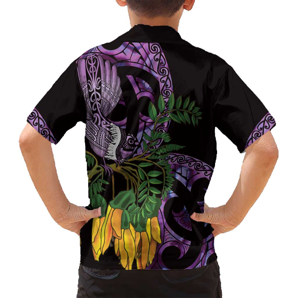 Purple New Zealand Kowhai And Piwakawaka Family Matching Off Shoulder Maxi Dress and Hawaiian Shirt Maori Ngaru Paua Shell