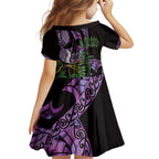 Purple New Zealand Kowhai And Piwakawaka Family Matching Off Shoulder Maxi Dress and Hawaiian Shirt Maori Ngaru Paua Shell