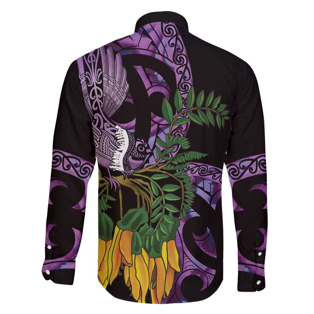 Purple New Zealand Kowhai And Piwakawaka Family Matching Off Shoulder Maxi Dress and Hawaiian Shirt Maori Ngaru Paua Shell