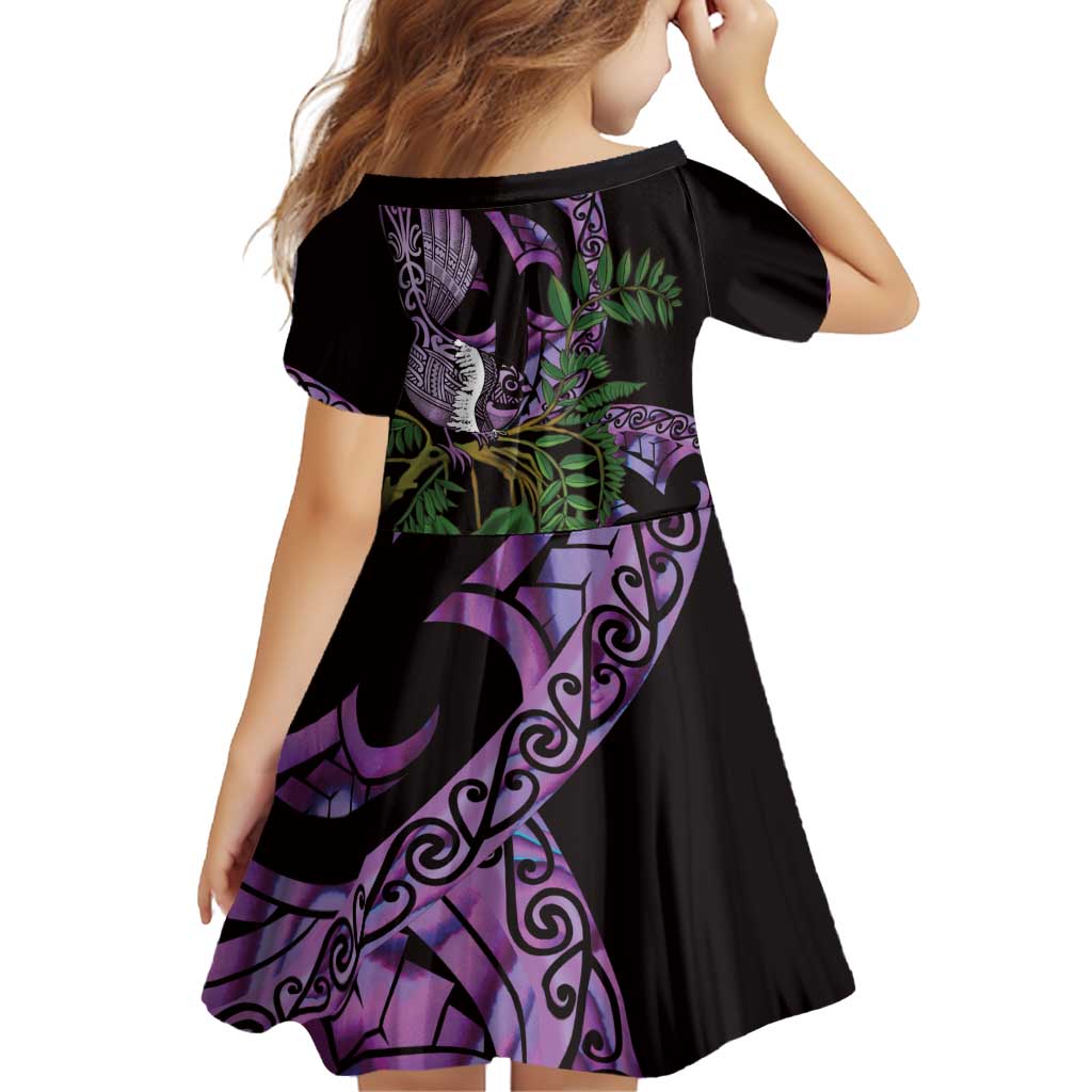 Purple New Zealand Kowhai And Piwakawaka Family Matching Off Shoulder Short Dress and Hawaiian Shirt Maori Ngaru Paua Shell