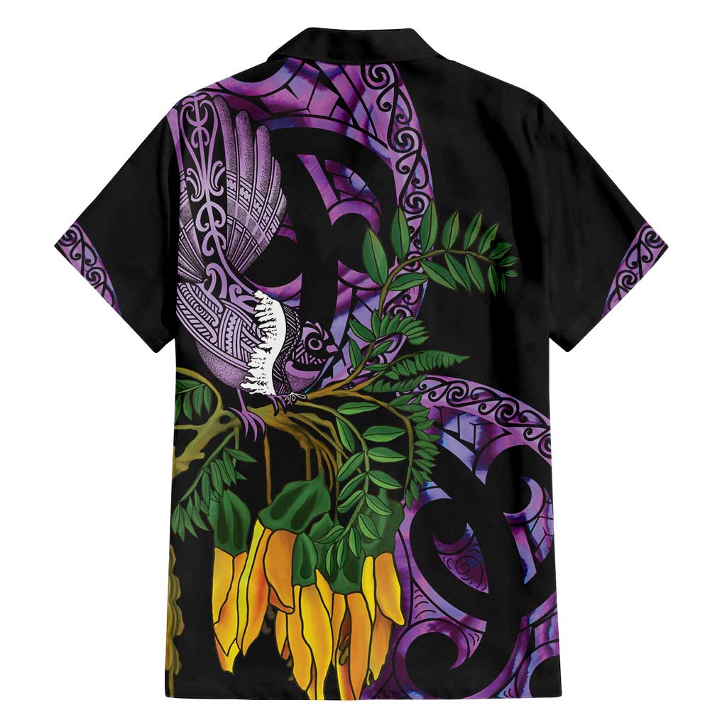 Purple New Zealand Kowhai And Piwakawaka Family Matching Off Shoulder Short Dress and Hawaiian Shirt Maori Ngaru Paua Shell
