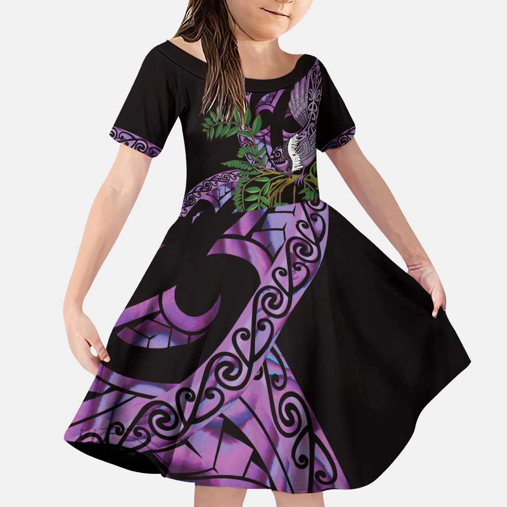 Purple New Zealand Kowhai And Piwakawaka Family Matching Puletasi and Hawaiian Shirt Maori Ngaru Paua Shell