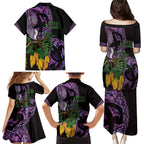 Purple New Zealand Kowhai And Piwakawaka Family Matching Puletasi and Hawaiian Shirt Maori Ngaru Paua Shell
