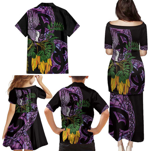 Purple New Zealand Kowhai And Piwakawaka Family Matching Puletasi and Hawaiian Shirt Maori Ngaru Paua Shell