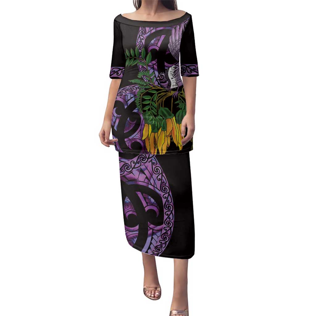 Purple New Zealand Kowhai And Piwakawaka Family Matching Puletasi and Hawaiian Shirt Maori Ngaru Paua Shell
