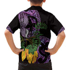 Purple New Zealand Kowhai And Piwakawaka Family Matching Summer Maxi Dress and Hawaiian Shirt Maori Ngaru Paua Shell