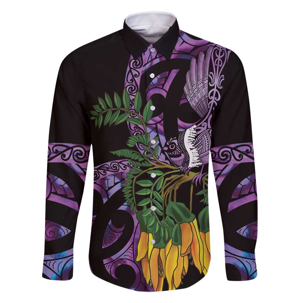 Purple New Zealand Kowhai And Piwakawaka Family Matching Summer Maxi Dress and Hawaiian Shirt Maori Ngaru Paua Shell