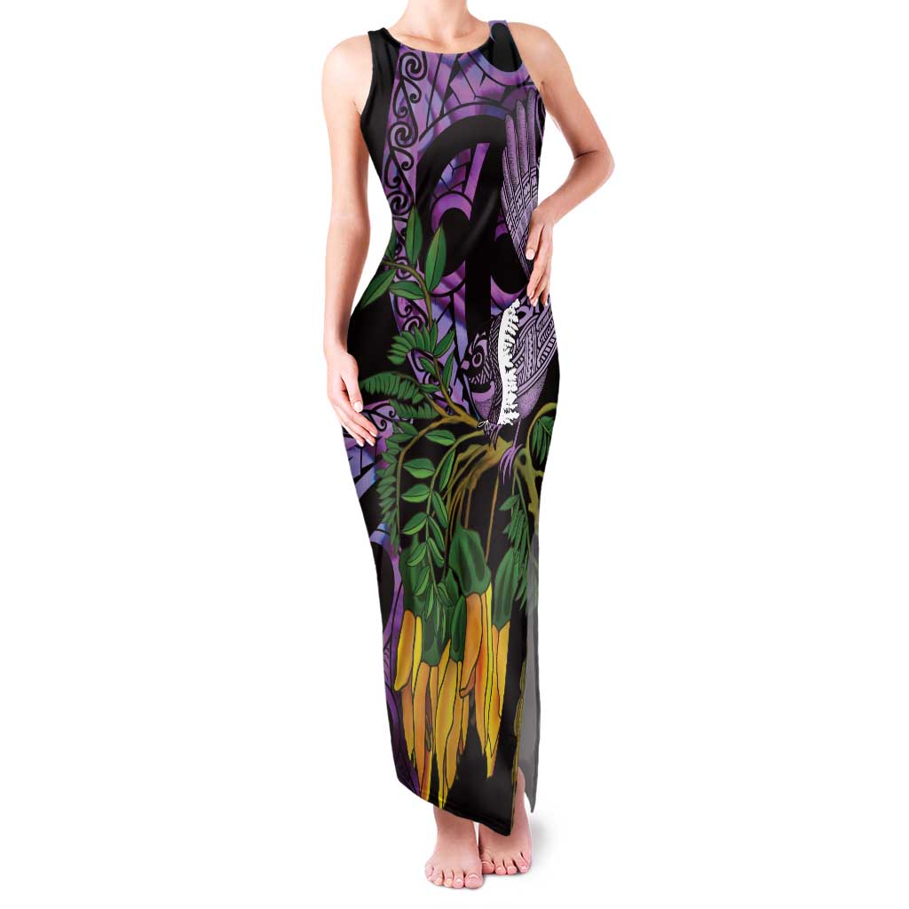Purple New Zealand Kowhai And Piwakawaka Family Matching Tank Maxi Dress and Hawaiian Shirt Maori Ngaru Paua Shell