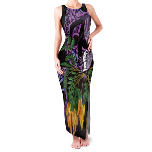 Purple New Zealand Kowhai And Piwakawaka Family Matching Tank Maxi Dress and Hawaiian Shirt Maori Ngaru Paua Shell