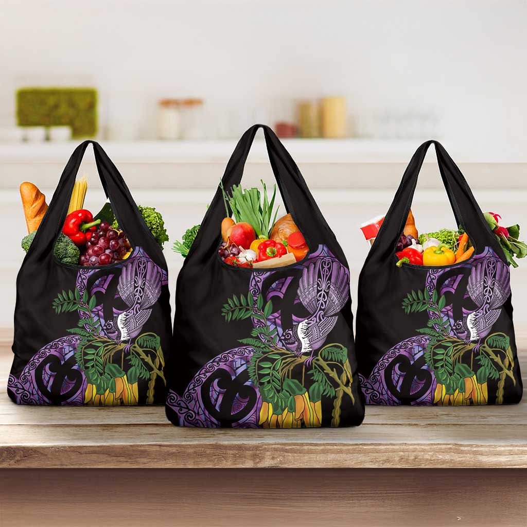 Purple New Zealand Kowhai And Piwakawaka Grocery Bag Maori Ngaru Paua Shell