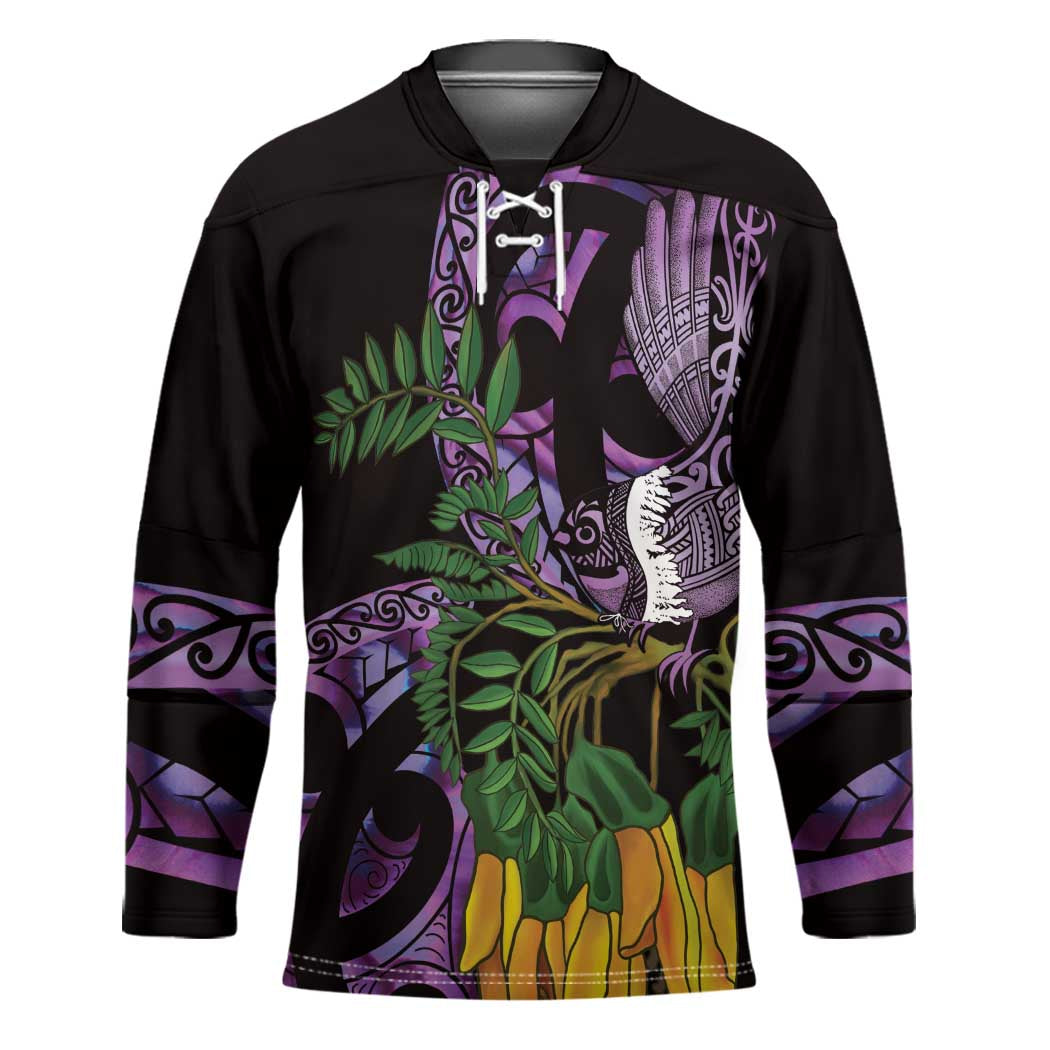 Purple New Zealand Kowhai And Piwakawaka Hockey Jersey Maori Ngaru Paua Shell - Aussie Hoodie