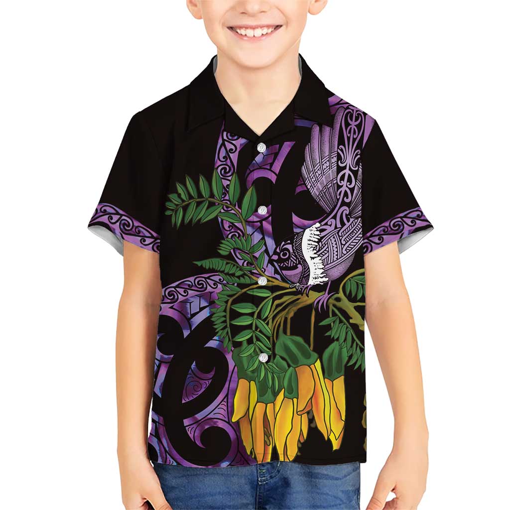 Purple New Zealand Kowhai And Piwakawaka Kid Hawaiian Shirt Maori Ngaru Paua Shell