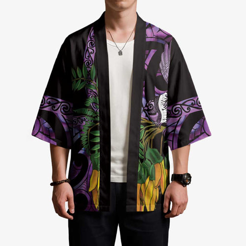 Purple New Zealand Kowhai And Piwakawaka Kimono Maori Ngaru Paua Shell - Aussie Hoodie