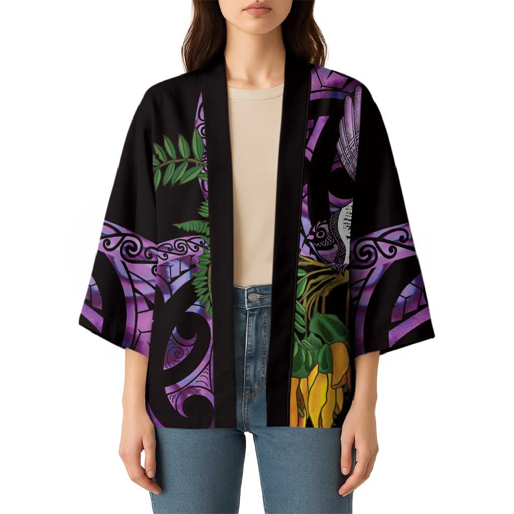 Purple New Zealand Kowhai And Piwakawaka Kimono Maori Ngaru Paua Shell - Aussie Hoodie
