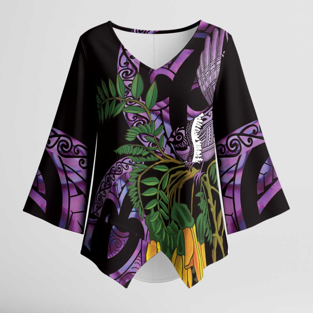 Purple New Zealand Kowhai And Piwakawaka Kimono Sleeve Blouse Maori Ngaru Paua Shell - Aussie Hoodie