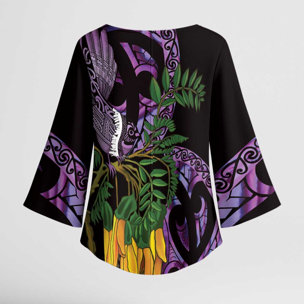 Purple New Zealand Kowhai And Piwakawaka Kimono Sleeve Blouse Maori Ngaru Paua Shell - Aussie Hoodie