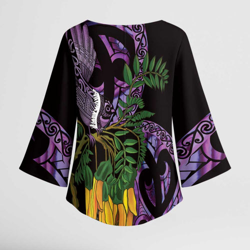 Purple New Zealand Kowhai And Piwakawaka Kimono Sleeve Blouse Maori Ngaru Paua Shell - Aussie Hoodie