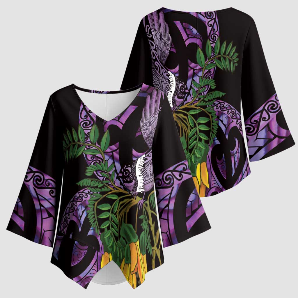 Purple New Zealand Kowhai And Piwakawaka Kimono Sleeve Blouse Maori Ngaru Paua Shell - Aussie Hoodie