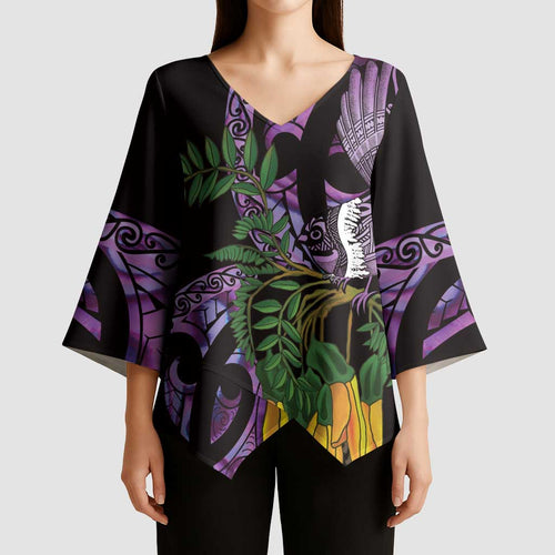 Purple New Zealand Kowhai And Piwakawaka Kimono Sleeve Blouse Maori Ngaru Paua Shell - Aussie Hoodie