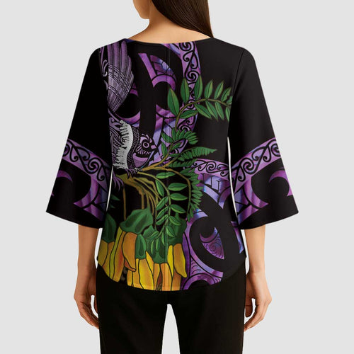 Purple New Zealand Kowhai And Piwakawaka Kimono Sleeve Blouse Maori Ngaru Paua Shell - Aussie Hoodie