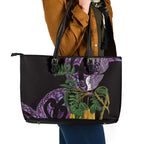 Purple New Zealand Kowhai And Piwakawaka Leather Tote Bag Maori Ngaru Paua Shell