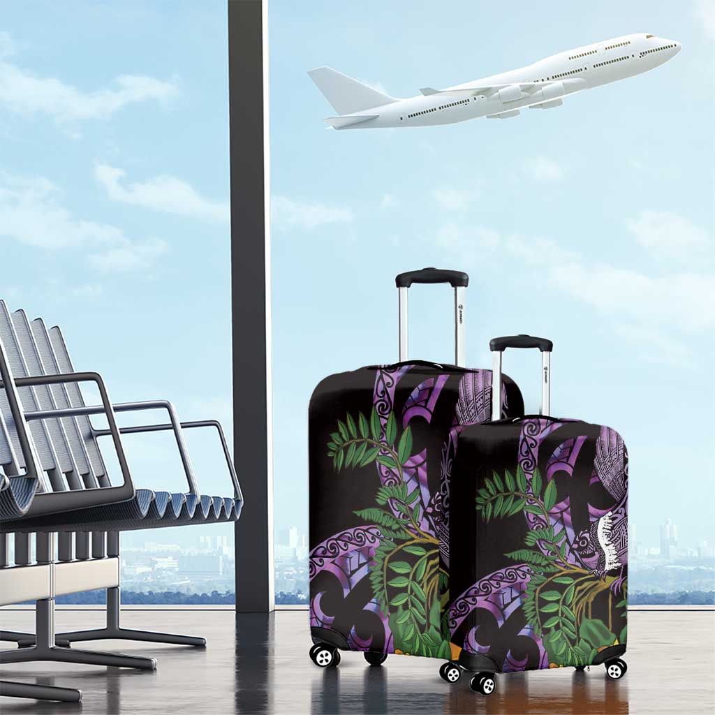 Purple New Zealand Kowhai And Piwakawaka Luggage Cover Maori Ngaru Paua Shell