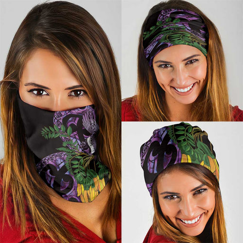 Purple New Zealand Kowhai And Piwakawaka Neck Gaiter Maori Ngaru Paua Shell - Aussie Hoodie