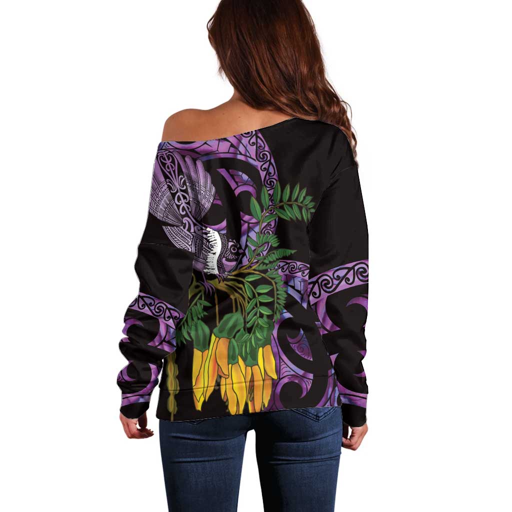Purple New Zealand Kowhai And Piwakawaka Off Shoulder Sweater Maori Ngaru Paua Shell
