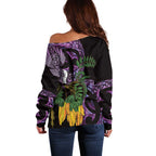 Purple New Zealand Kowhai And Piwakawaka Off Shoulder Sweater Maori Ngaru Paua Shell