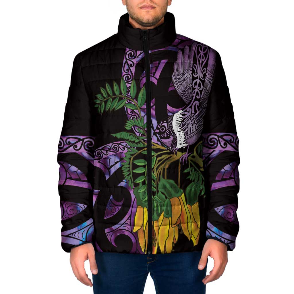 Purple New Zealand Kowhai And Piwakawaka Padded Jacket Maori Ngaru Paua Shell - Aussie Hoodie