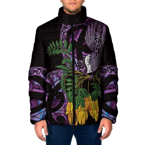 Purple New Zealand Kowhai And Piwakawaka Padded Jacket Maori Ngaru Paua Shell - Aussie Hoodie