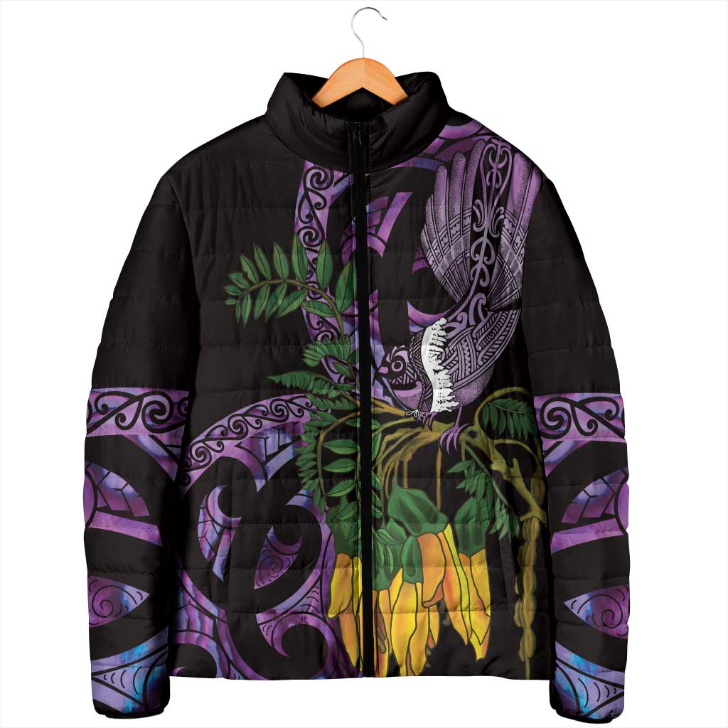 Purple New Zealand Kowhai And Piwakawaka Padded Jacket Maori Ngaru Paua Shell - Aussie Hoodie