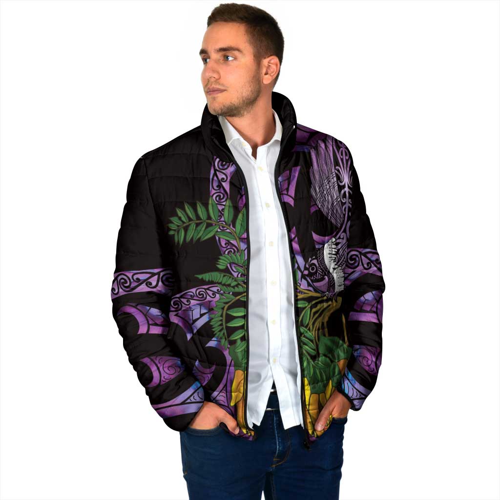 Purple New Zealand Kowhai And Piwakawaka Padded Jacket Maori Ngaru Paua Shell - Aussie Hoodie