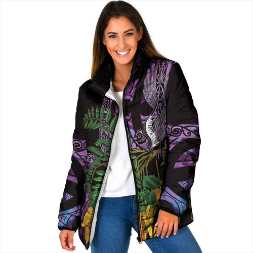 Purple New Zealand Kowhai And Piwakawaka Padded Jacket Maori Ngaru Paua Shell - Aussie Hoodie